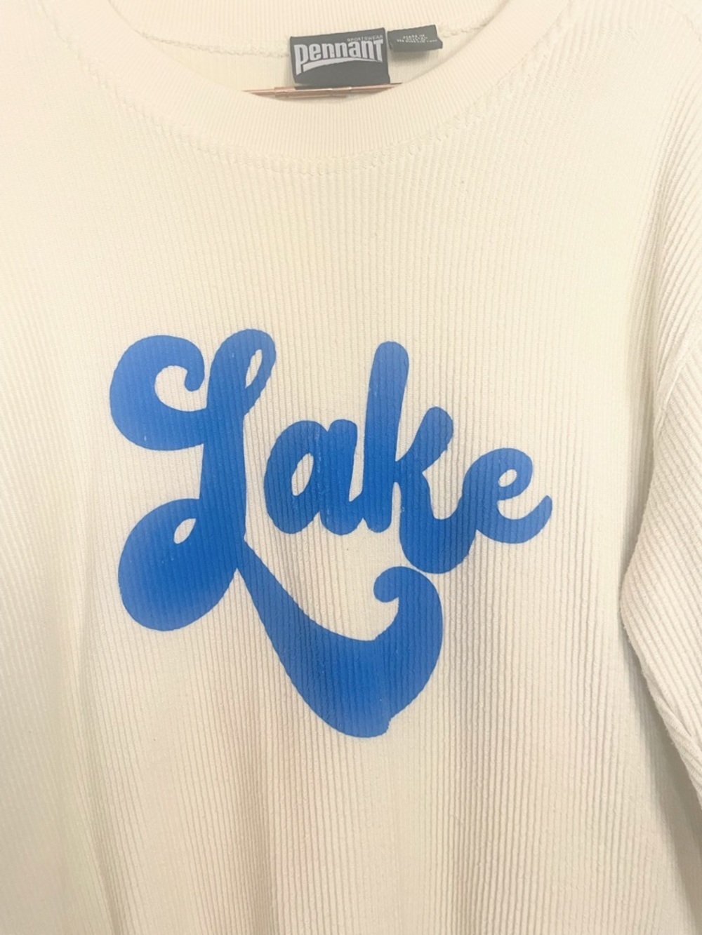 Lake Graphic Sweatshirt Medium Coastal Cottagecore Blue White Pullover - Picture 4 of 8